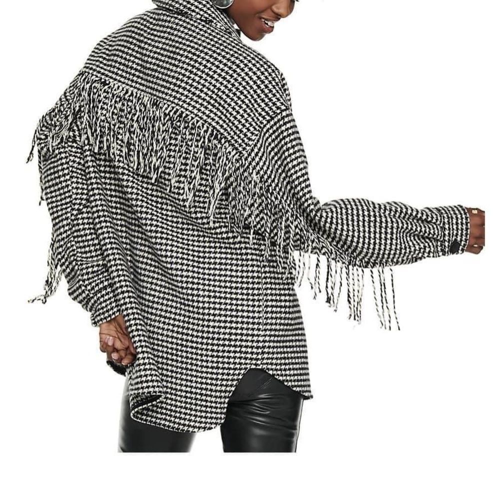NEW Black & White houndstooth jacket with fringe and pockets Large NWT